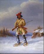Cornelius Krieghoff Indian Trapper with Red Feathered Cap in Winter oil painting